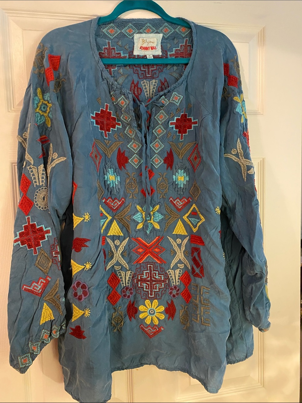 Johnny Was Blue Embroidered Cotton Peasant Top